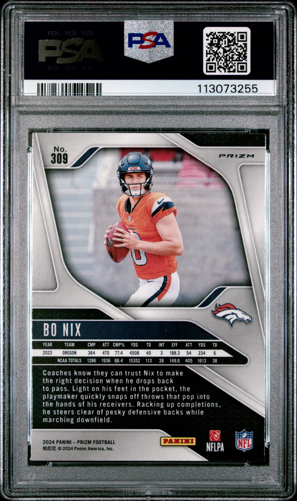 2024 Panini Prizm Bo Nix #309 (Lazer Prizm) Gem Mt 10 back