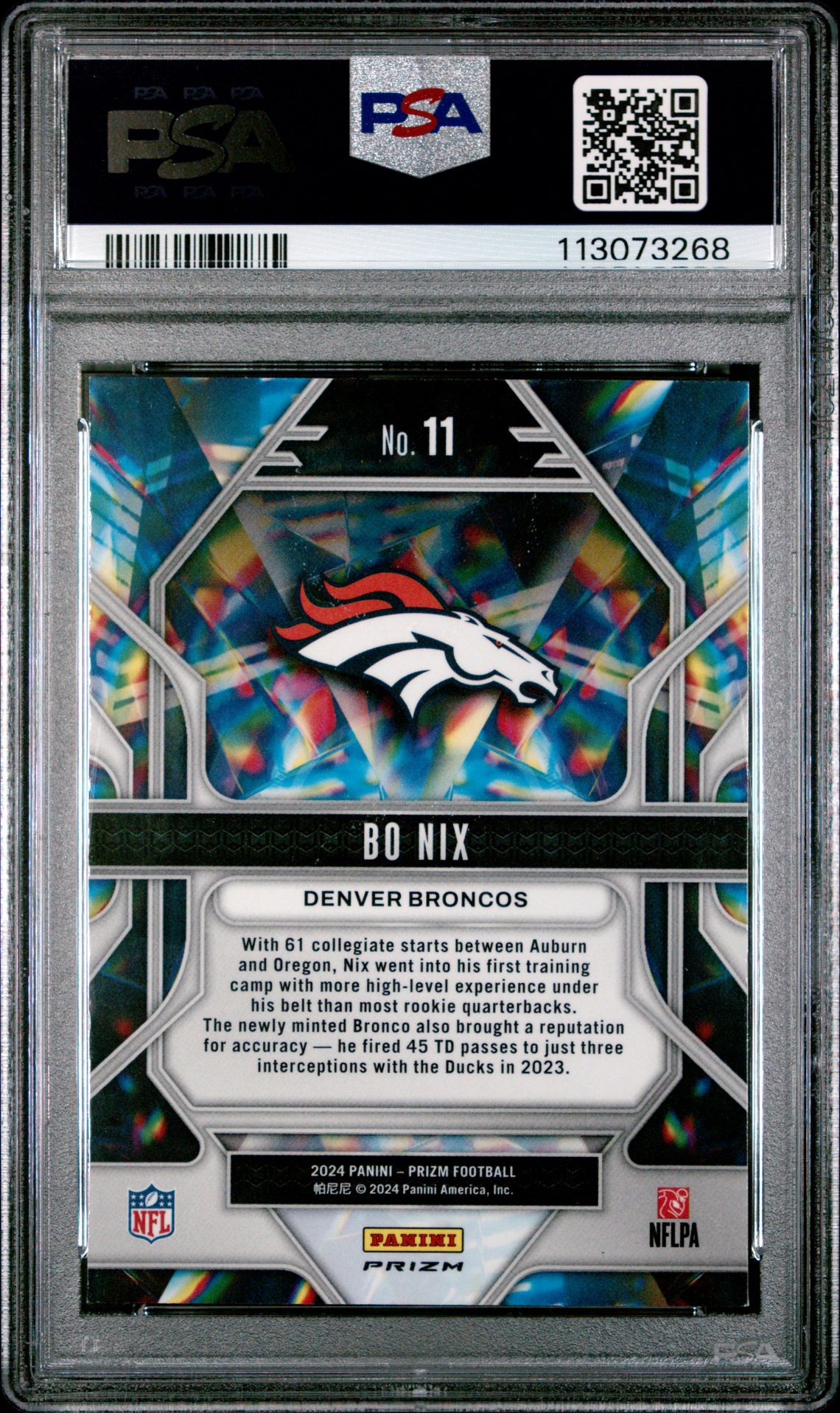 2024 Panini Prizm Prizmatic Bo Nix #11 (Prizmatic-Green Ice) Mint 9 back