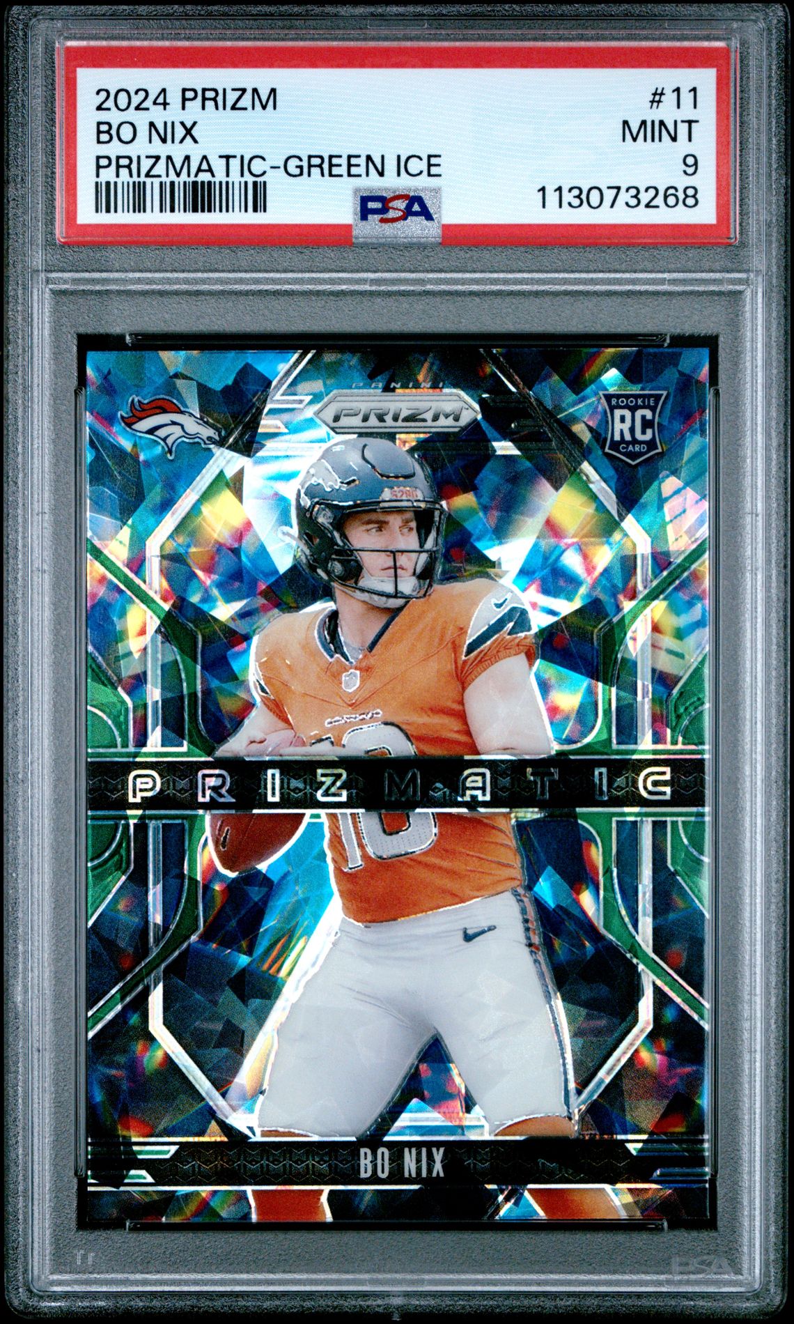 2024 Panini Prizm Prizmatic Bo Nix #11 (Prizmatic-Green Ice) Mint 9 front