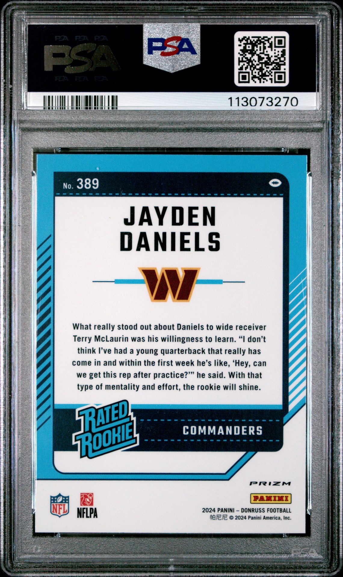 2024 Panini Donruss Jayden Daniels #389 (Optic Preview-Blue Scope) Gem Mt 10 back