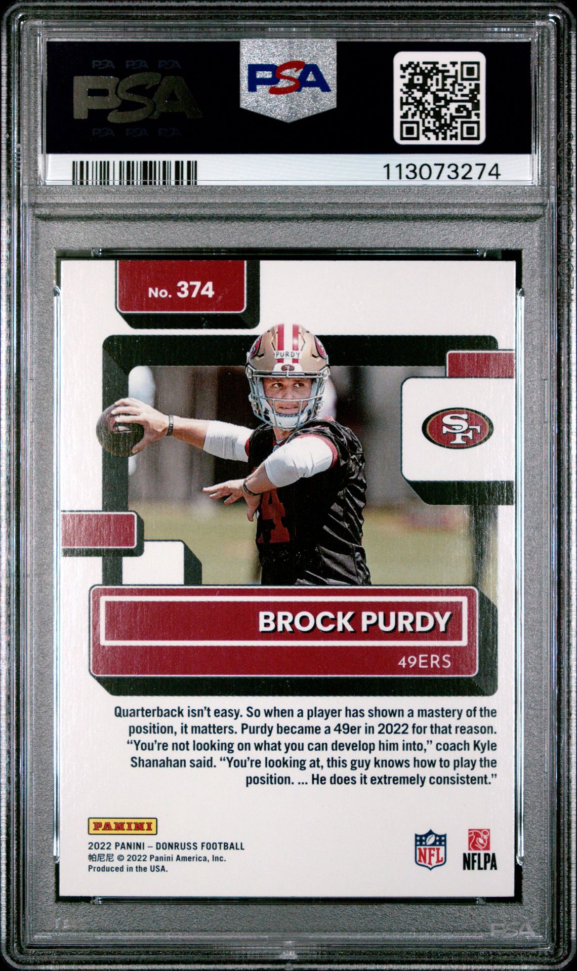 2022 Panini Donruss Brock Purdy #374 Gem Mt 10 back