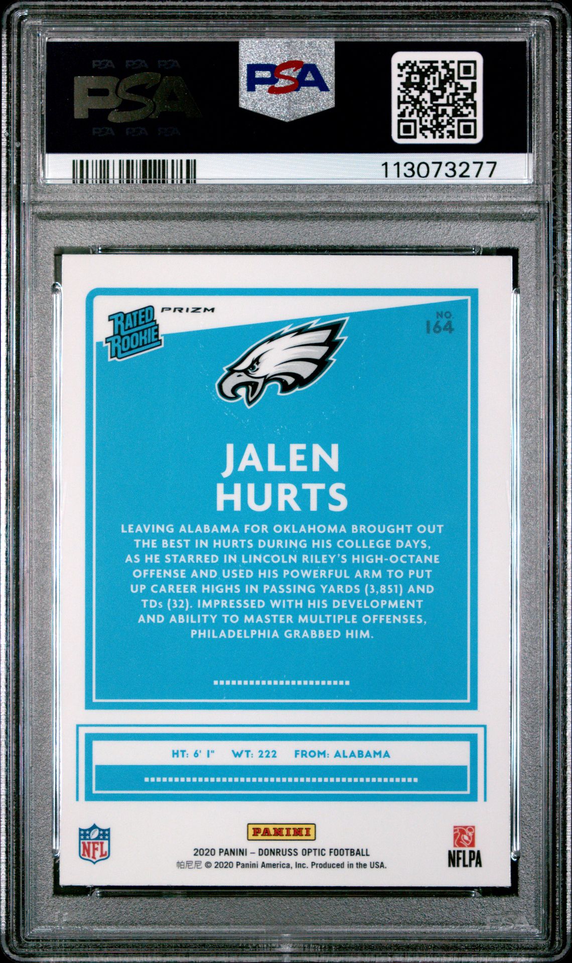 2020 Panini Donruss Optic Jalen Hurts #164 (Bronze) Gem Mt 10 back