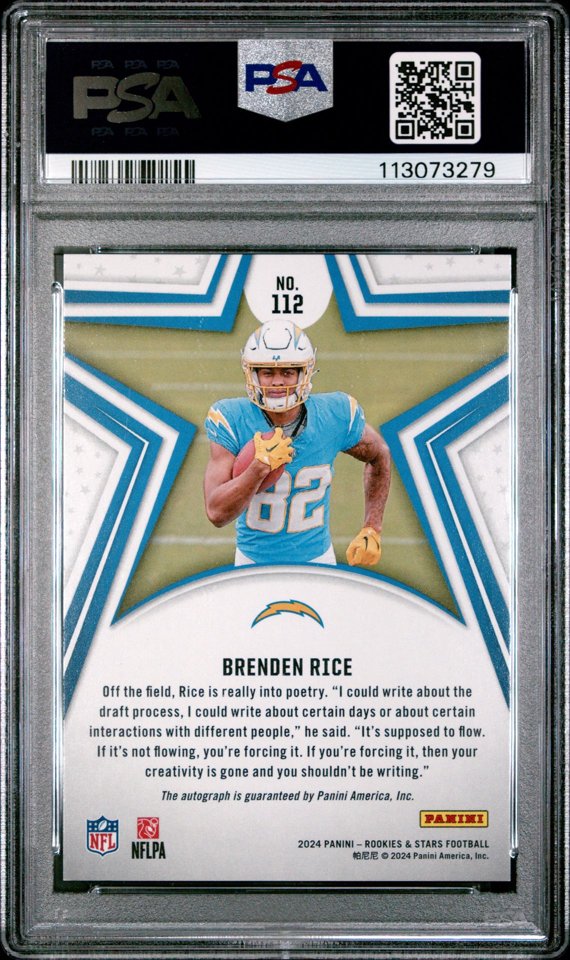2024 Panini Rookies & Stars Brenden Rice #112 (Autograph-Longevity) Gem Mt 10 back