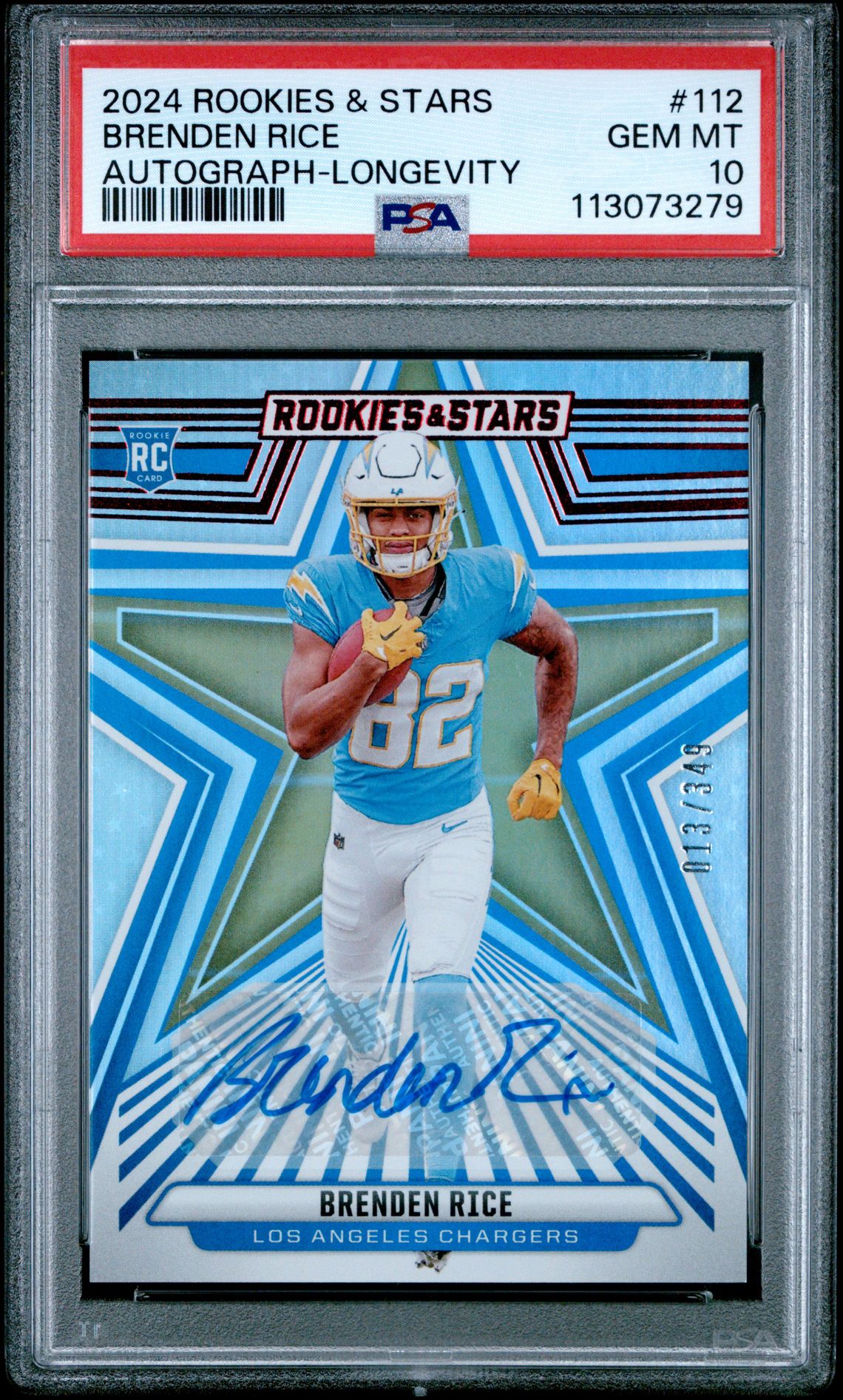 2024 Panini Rookies & Stars Brenden Rice #112 (Autograph-Longevity) Gem Mt 10 front