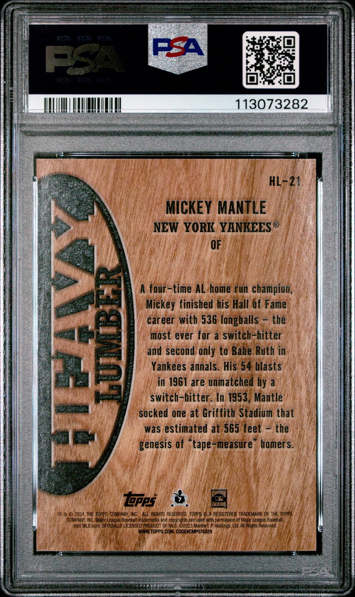 2024 Topps Heavy Lumber Mickey Mantle #Hl21 (Series 2) Gem Mt 10 back
