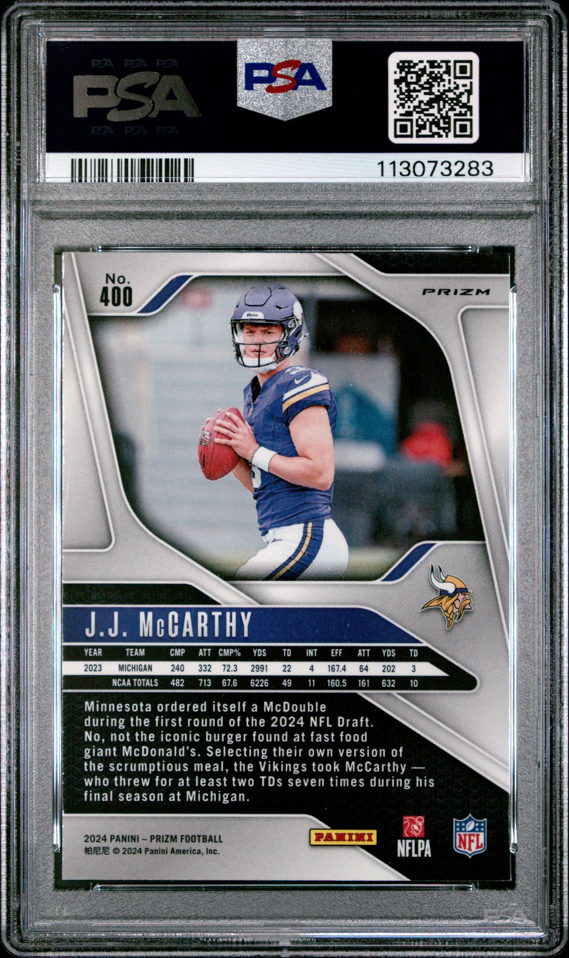 2024 Panini Prizm Jj Mccarthy #400 (Silver Prizm) Mint 9 back