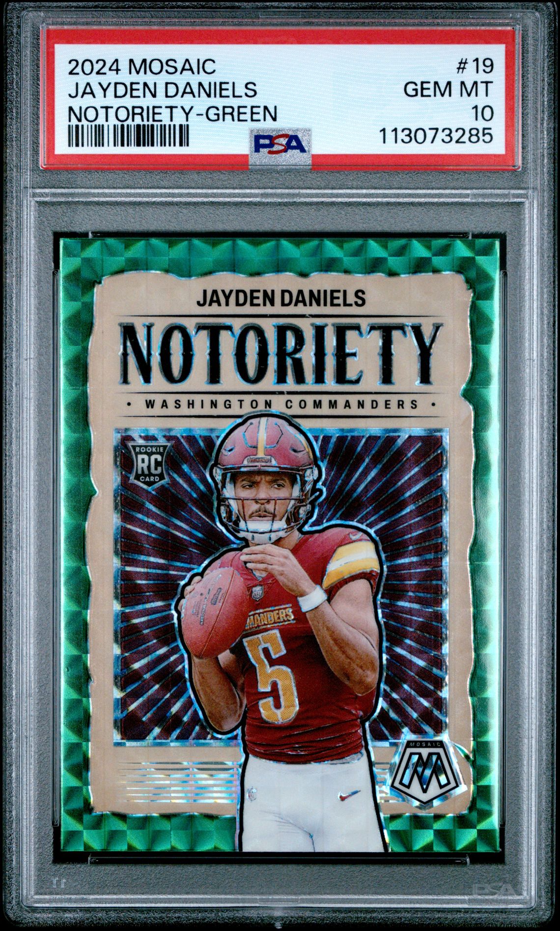 2024 Panini Mosaic Notoriety Jayden Daniels #19 (Notoriety-Green) Gem Mt 10 front