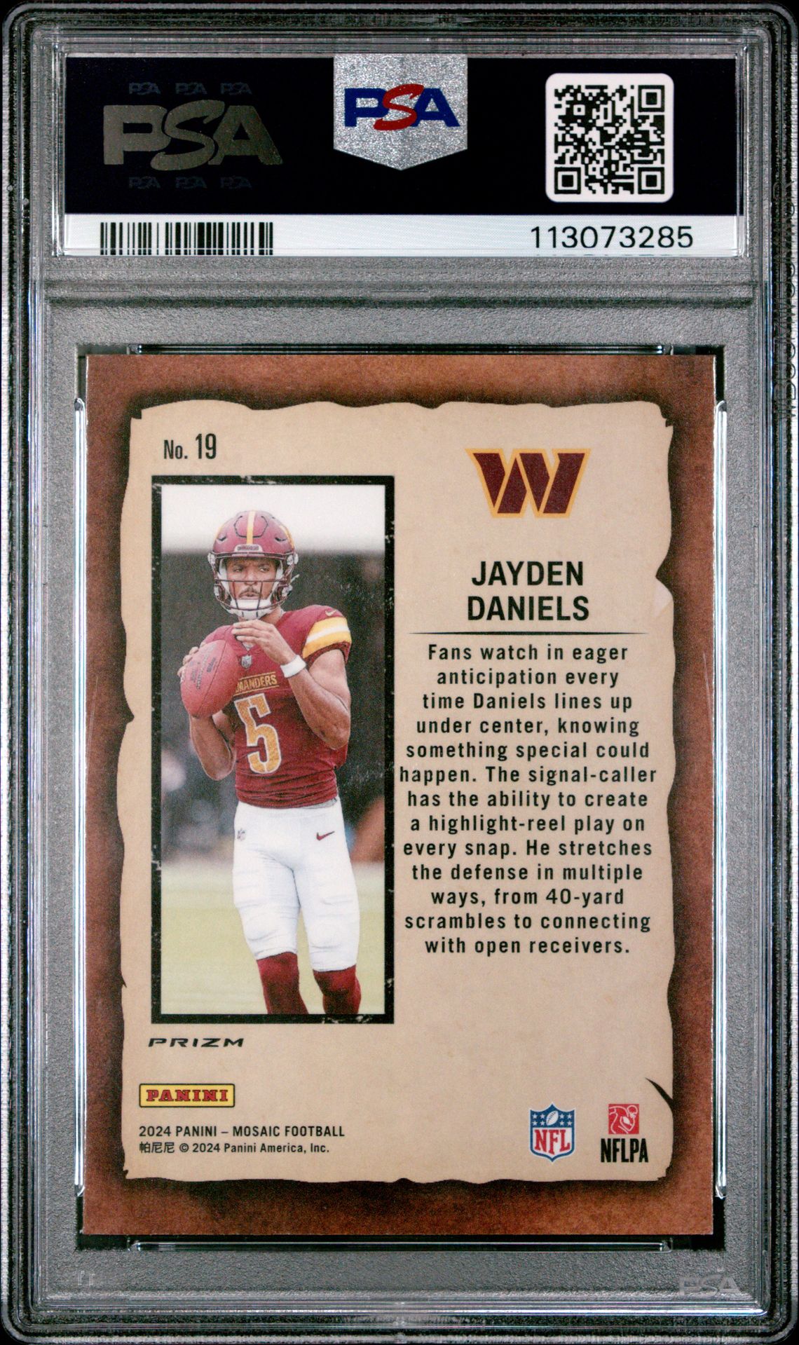 2024 Panini Mosaic Notoriety Jayden Daniels #19 (Notoriety-Green) Gem Mt 10 back