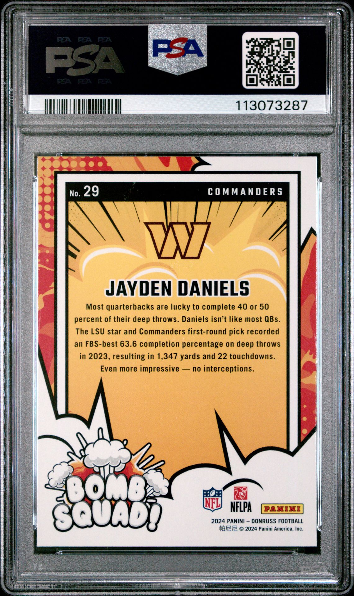 2024 Panini Donruss Bomb Squad Jayden Daniels #29 Gem Mt 10 back