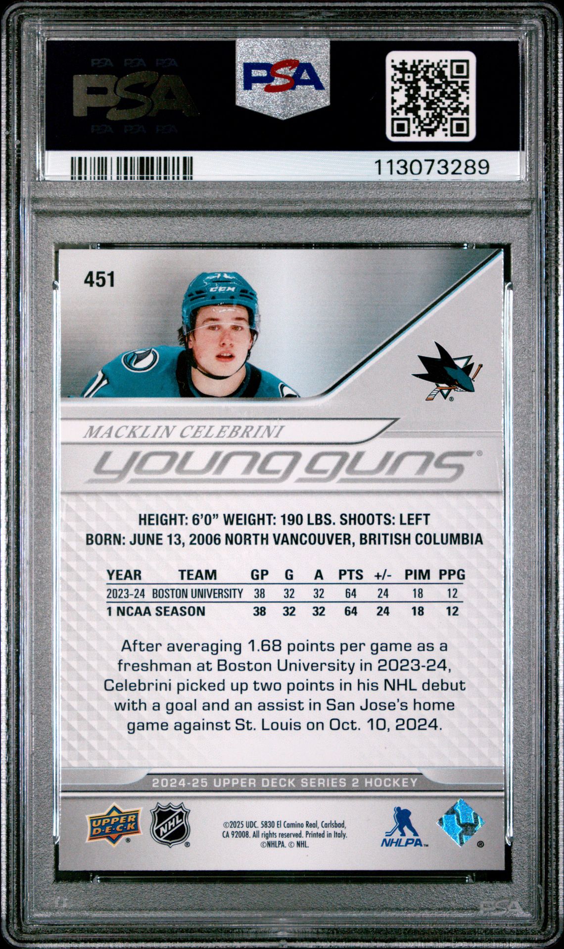 2024 Upper Deck Macklin Celebrini #451 Mint 9 back