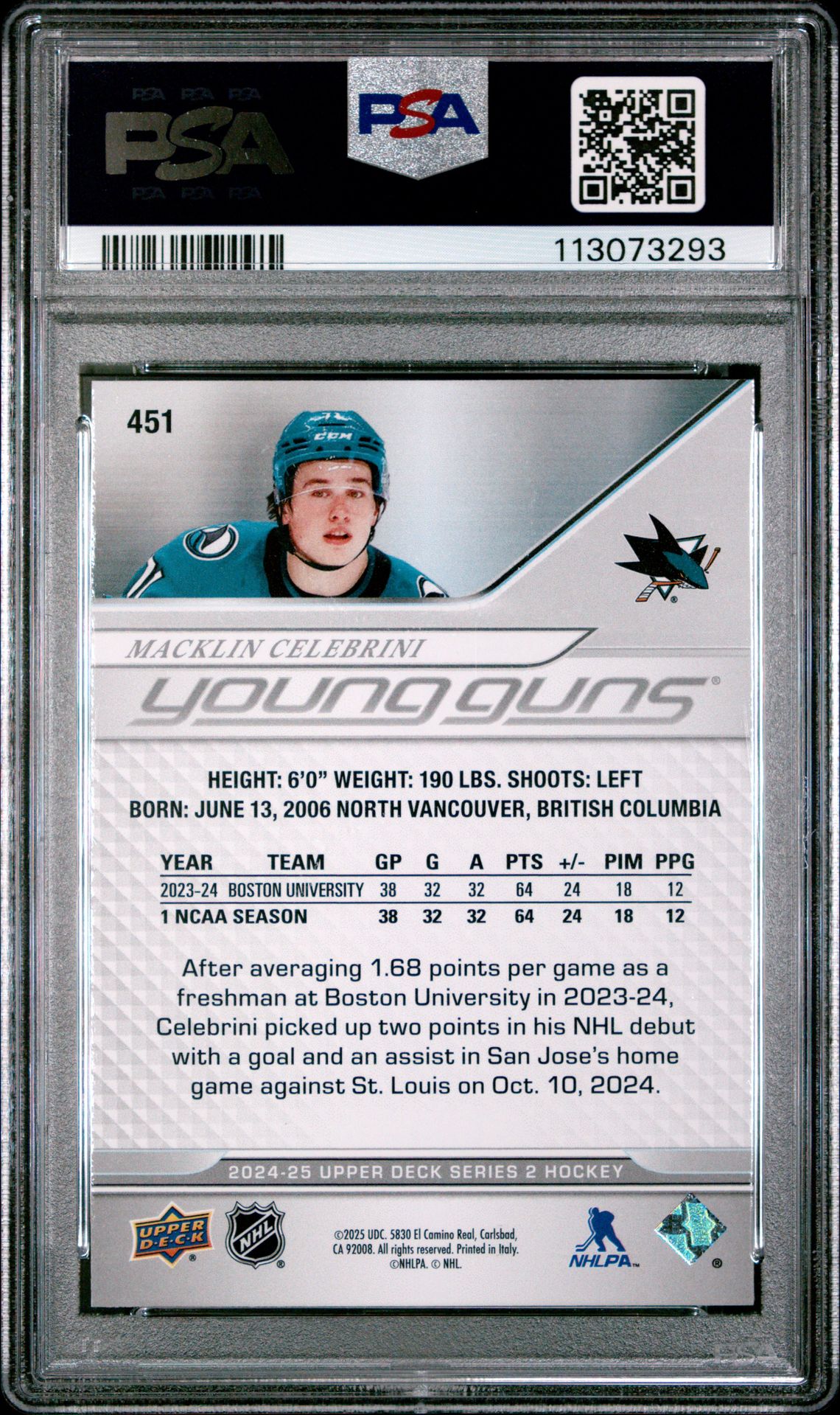 2024 Upper Deck Macklin Celebrini #451 Mint 9 back
