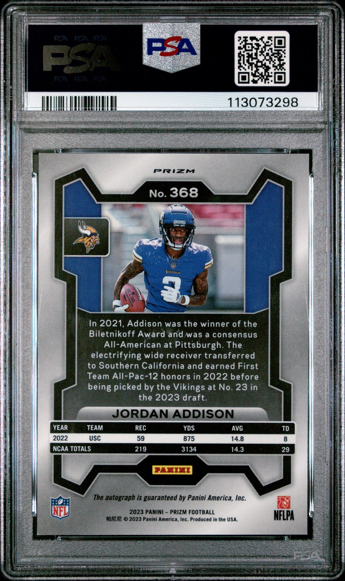 2023 Panini Prizm Jordan Addison #368 (Autograph) Mint 9 back