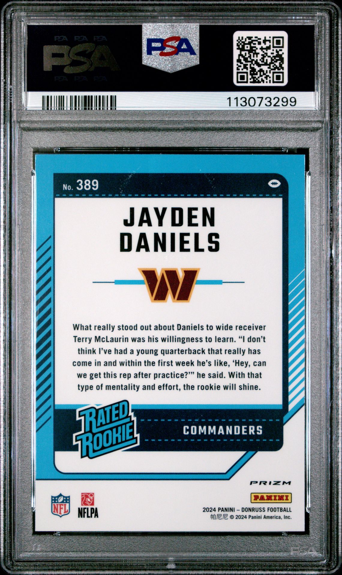 2024 Panini Donruss Jayden Daniels #389 (Optic Preview-Red & Green) Gem Mt 10 back