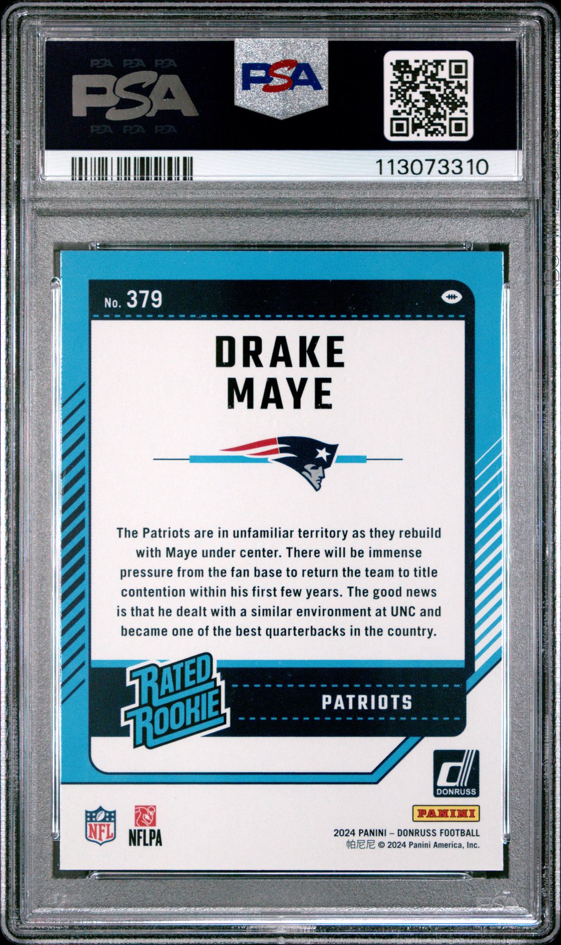 2024 Panini Donruss Drake Maye #379 Gem Mt 10 back