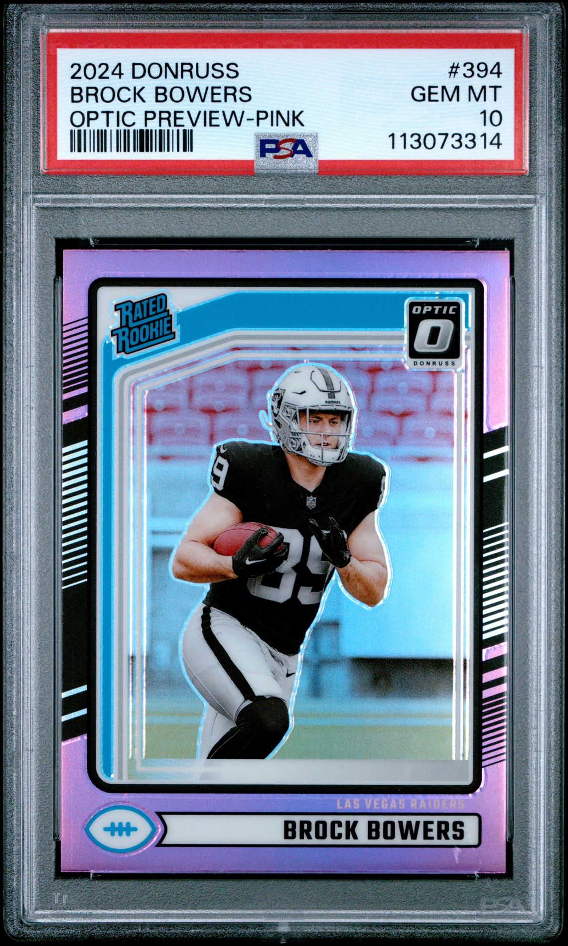 2024 Panini Donruss Brock Bowers #394 (Optic Preview-Pink) Gem Mt 10 front