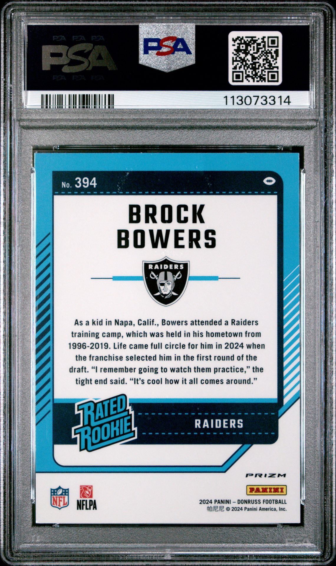 2024 Panini Donruss Brock Bowers #394 (Optic Preview-Pink) Gem Mt 10 back