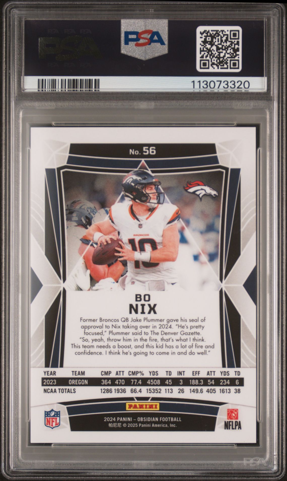 2024 Panini Obsidian Bo Nix #56 Mint 9 back