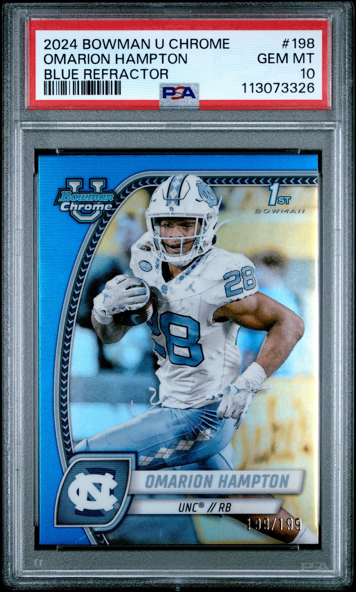 2024 Bowman University Chrome Omarion Hampton #198 (Blue Refractor) Gem Mt 10 front