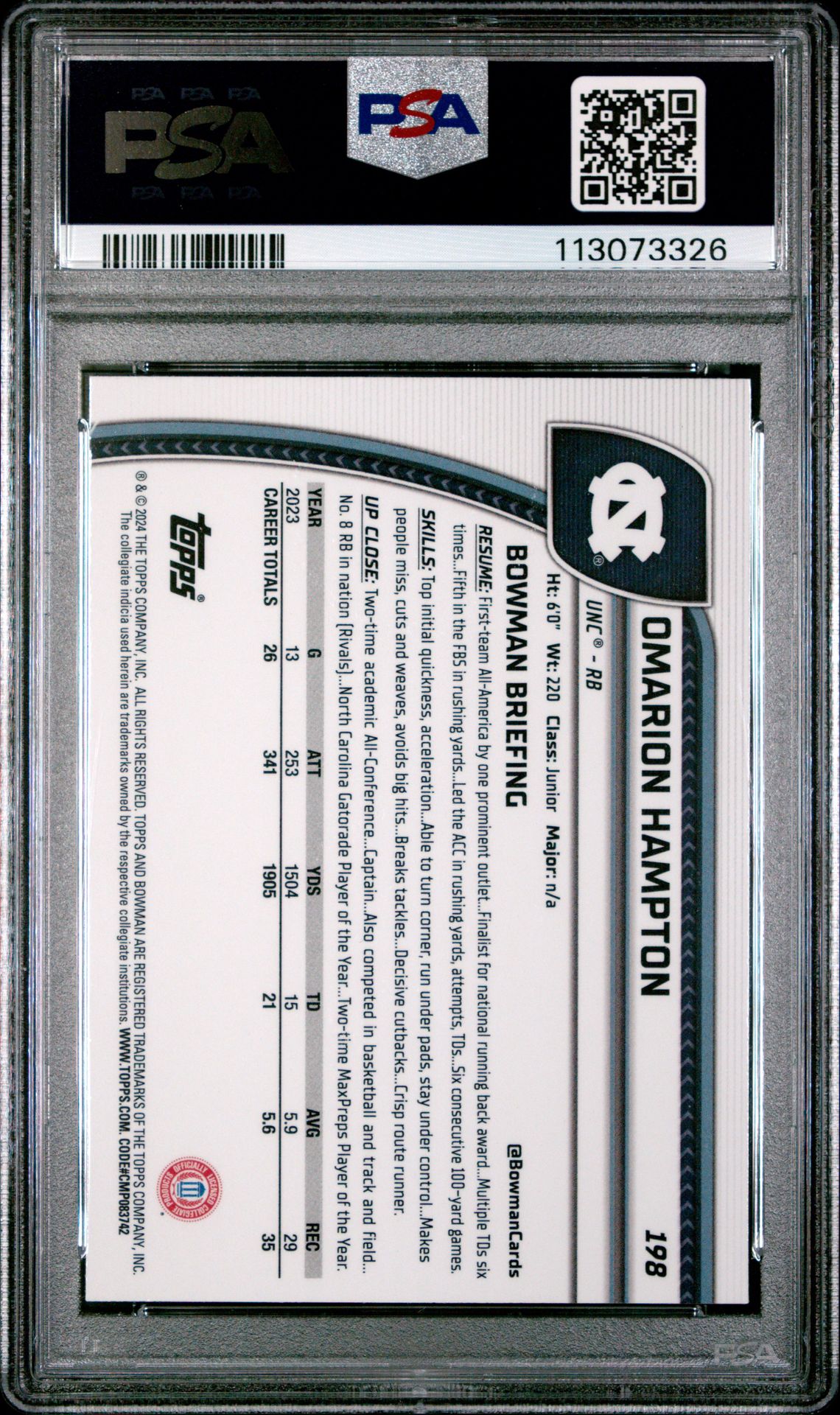 2024 Bowman University Chrome Omarion Hampton #198 (Blue Refractor) Gem Mt 10 back