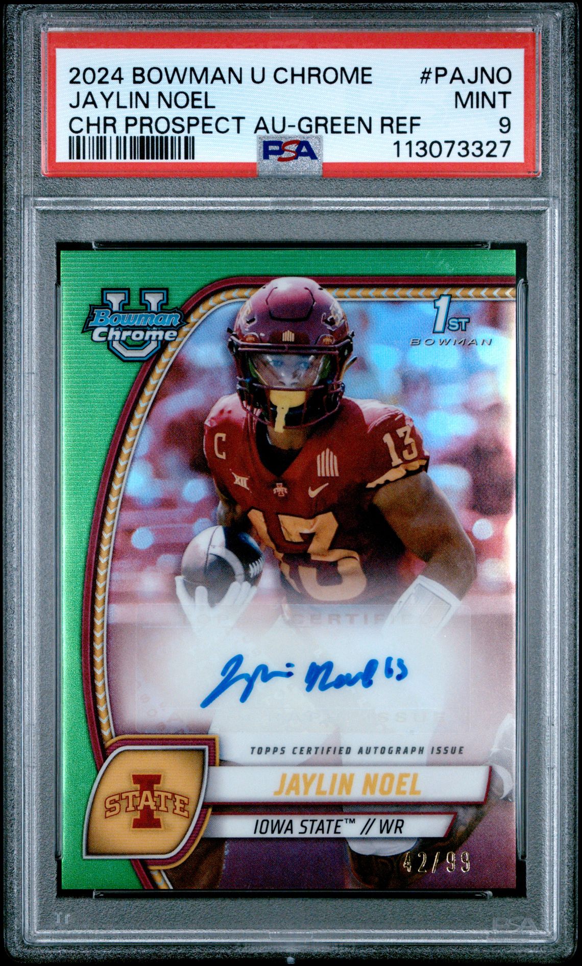 2024 Bowman University Chrome Bowman Chrome Prospect Autographs Jaylin Noel #Pajno (Chr Prospect Au-Green Ref) Mint 9 front