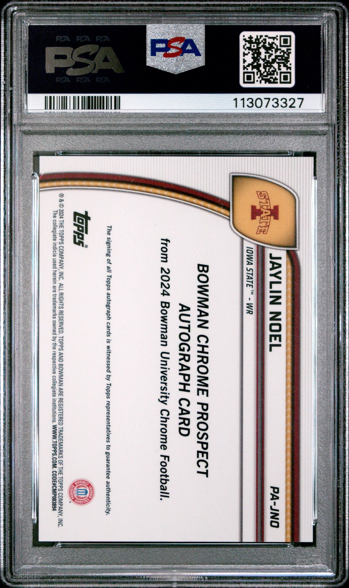 2024 Bowman University Chrome Bowman Chrome Prospect Autographs Jaylin Noel #Pajno (Chr Prospect Au-Green Ref) Mint 9 back