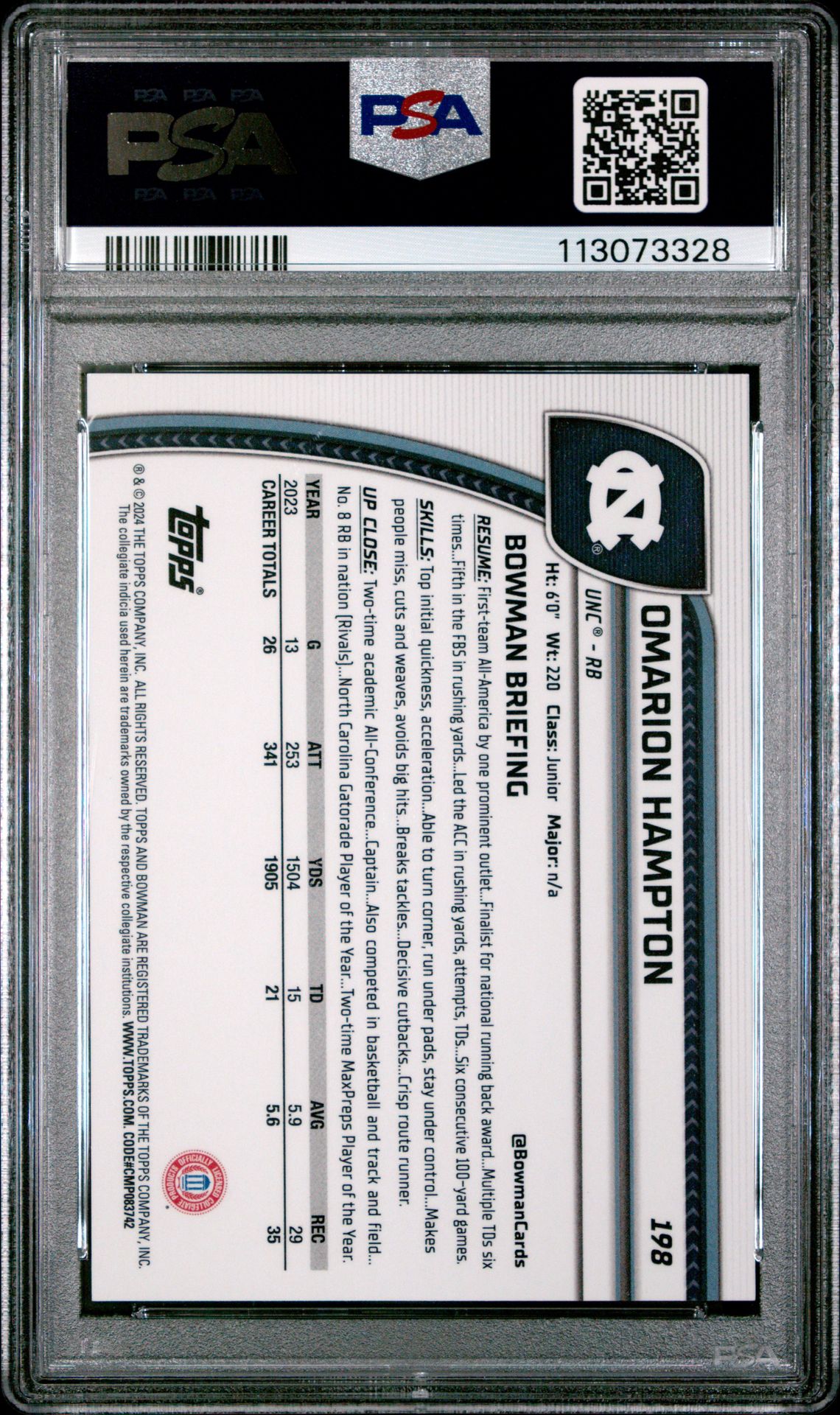 2024 Bowman University Chrome Omarion Hampton #198 (Green Shimmer) Mint 9 back