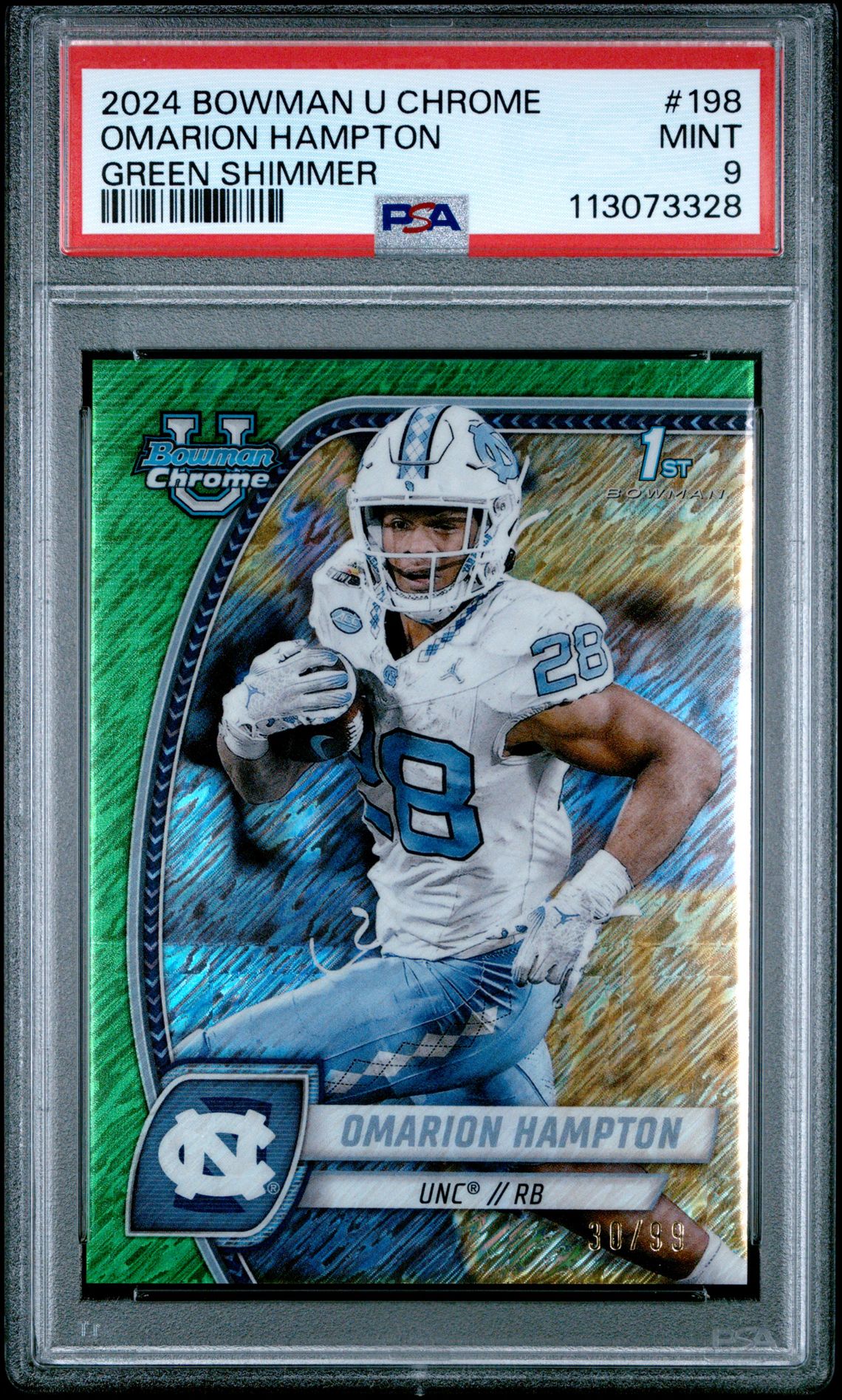 2024 Bowman University Chrome Omarion Hampton #198 (Green Shimmer) Mint 9 front