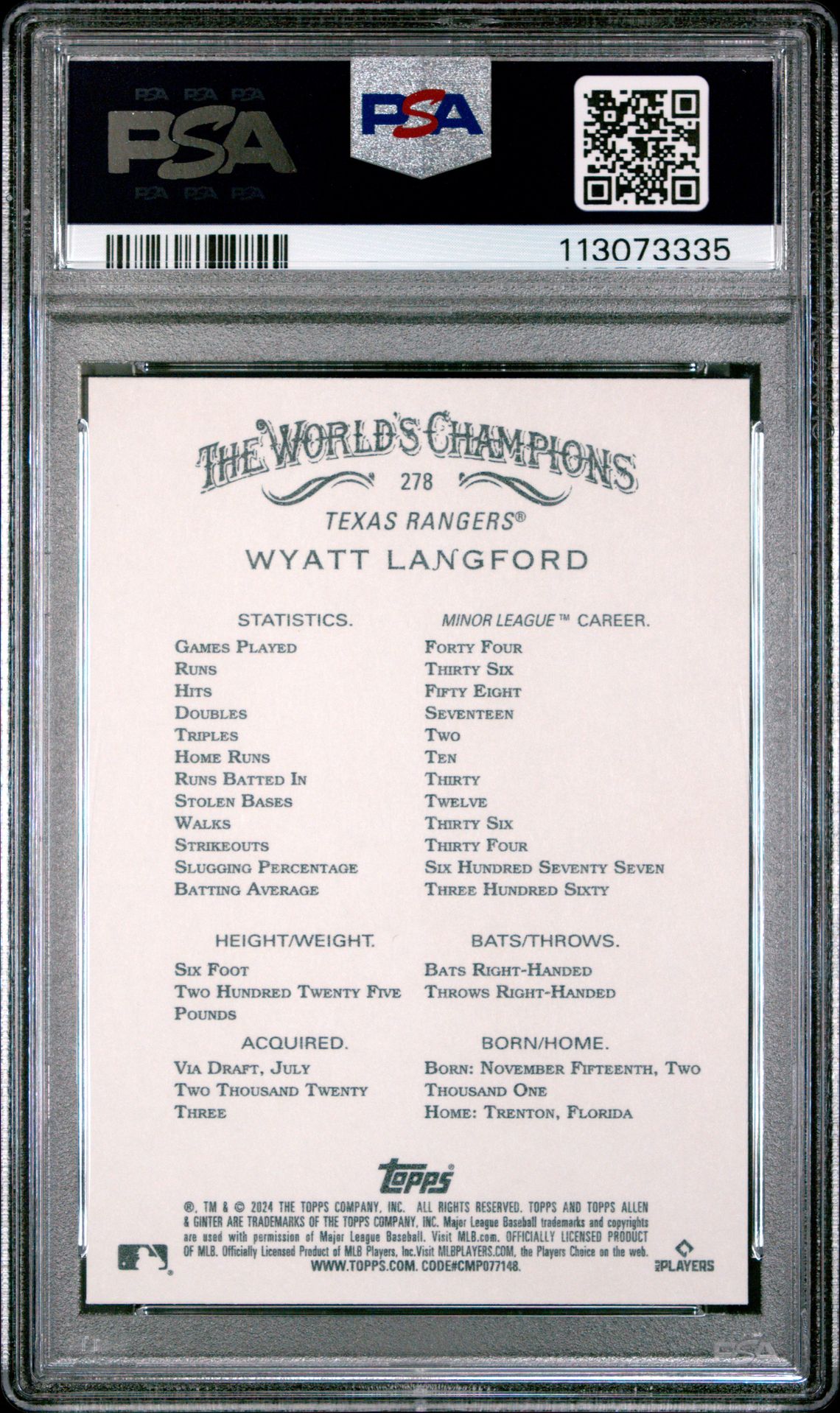 2024 Topps Allen & Ginter Wyatt Langford #278 Gem Mt 10 back