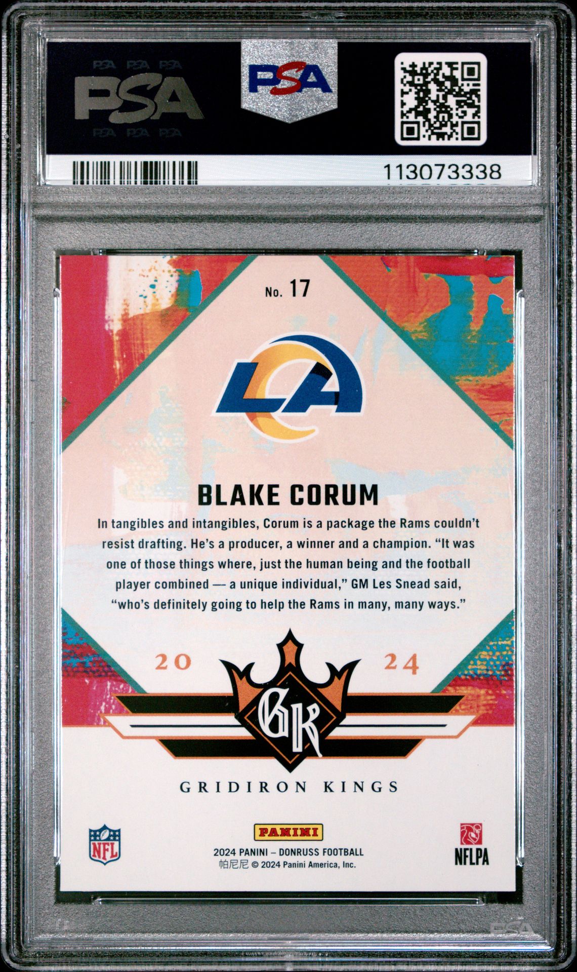 2024 Panini Donruss Rookie Gridiron Kings Blake Corum #17 Gem Mt 10 back
