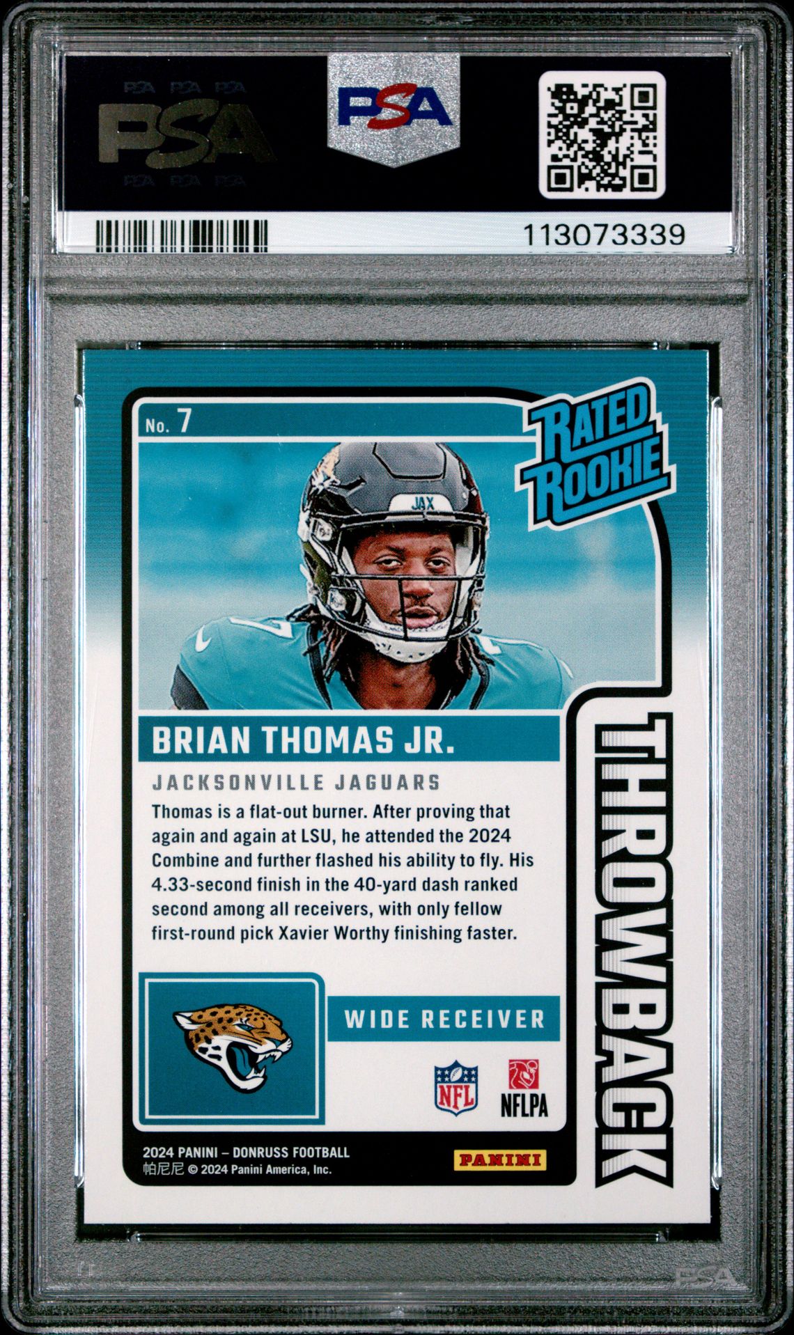 2024 Panini Donruss Rated Rookies Throwback Brian Thomas Jr. #7 Mint 9 back