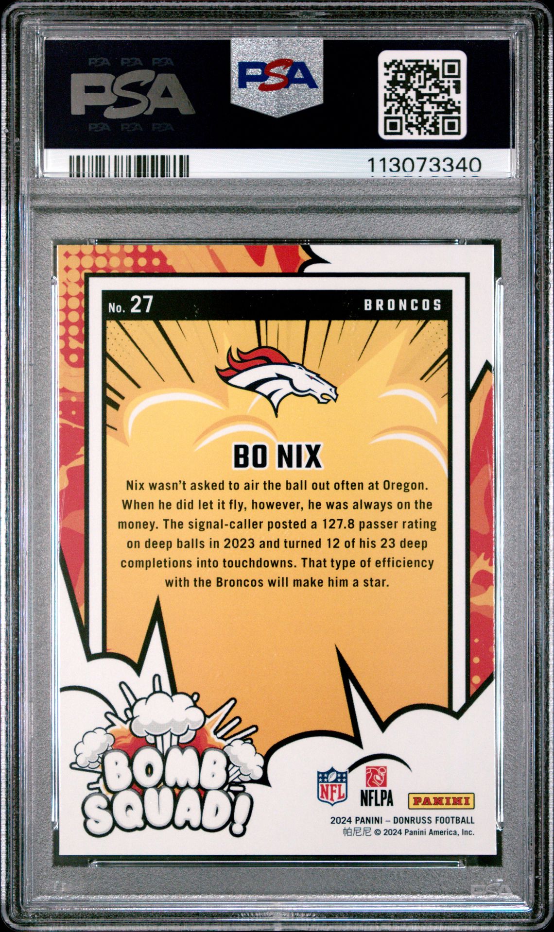 2024 Panini Donruss Bomb Squad Bo Nix #27 Gem Mt 10 back