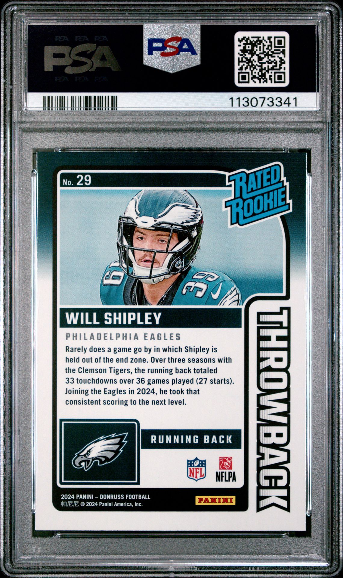 2024 Panini Donruss Rated Rookies Throwback Will Shipley #29 Mint 9 back