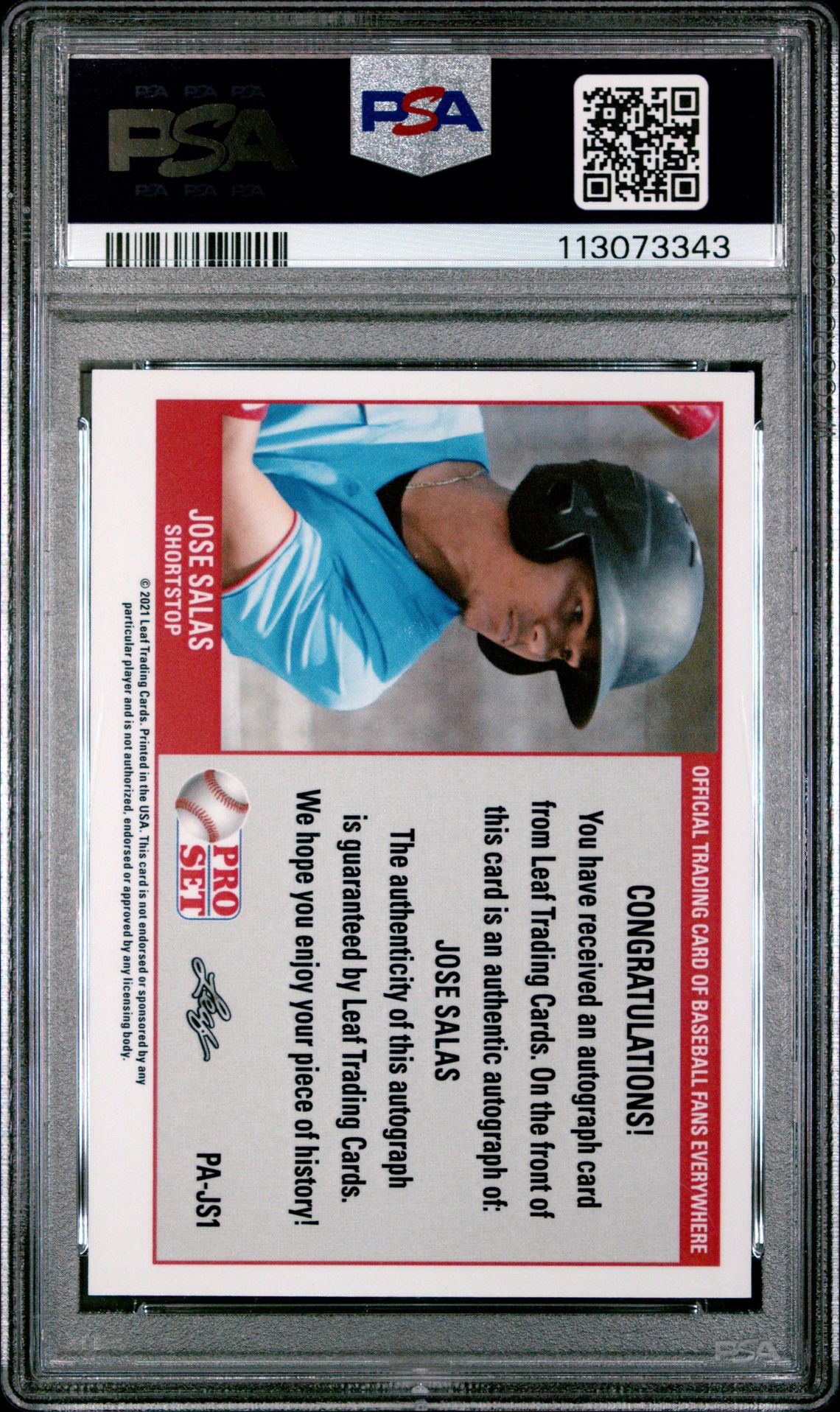 2021 Leaf Pro Set Metal 1989 Pro Set Autographs Jose Salas #Pajs1 ('89 Pro Set Auto-Red Wave) Gem Mt 10 back