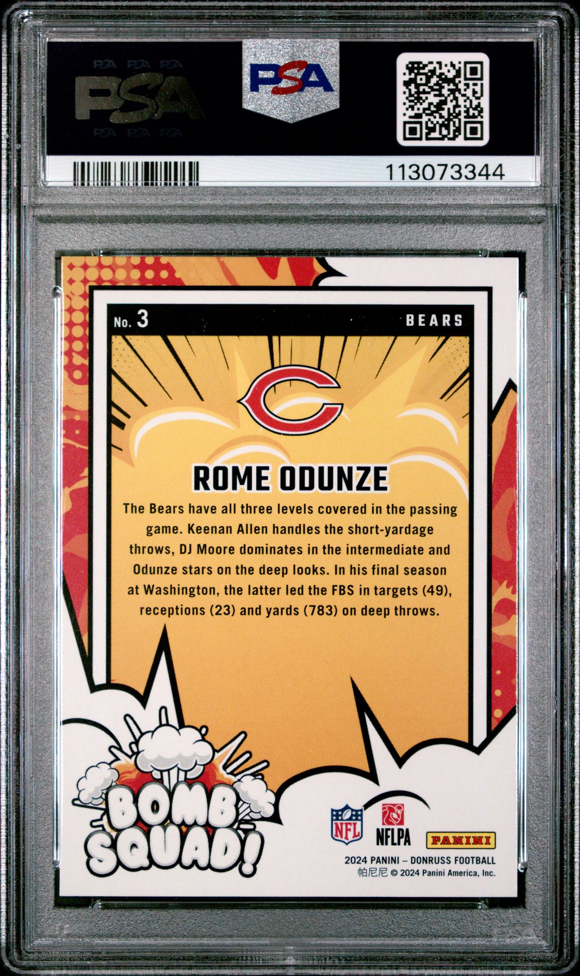 2024 Panini Donruss Bomb Squad Rome Odunze #3 Gem Mt 10 back