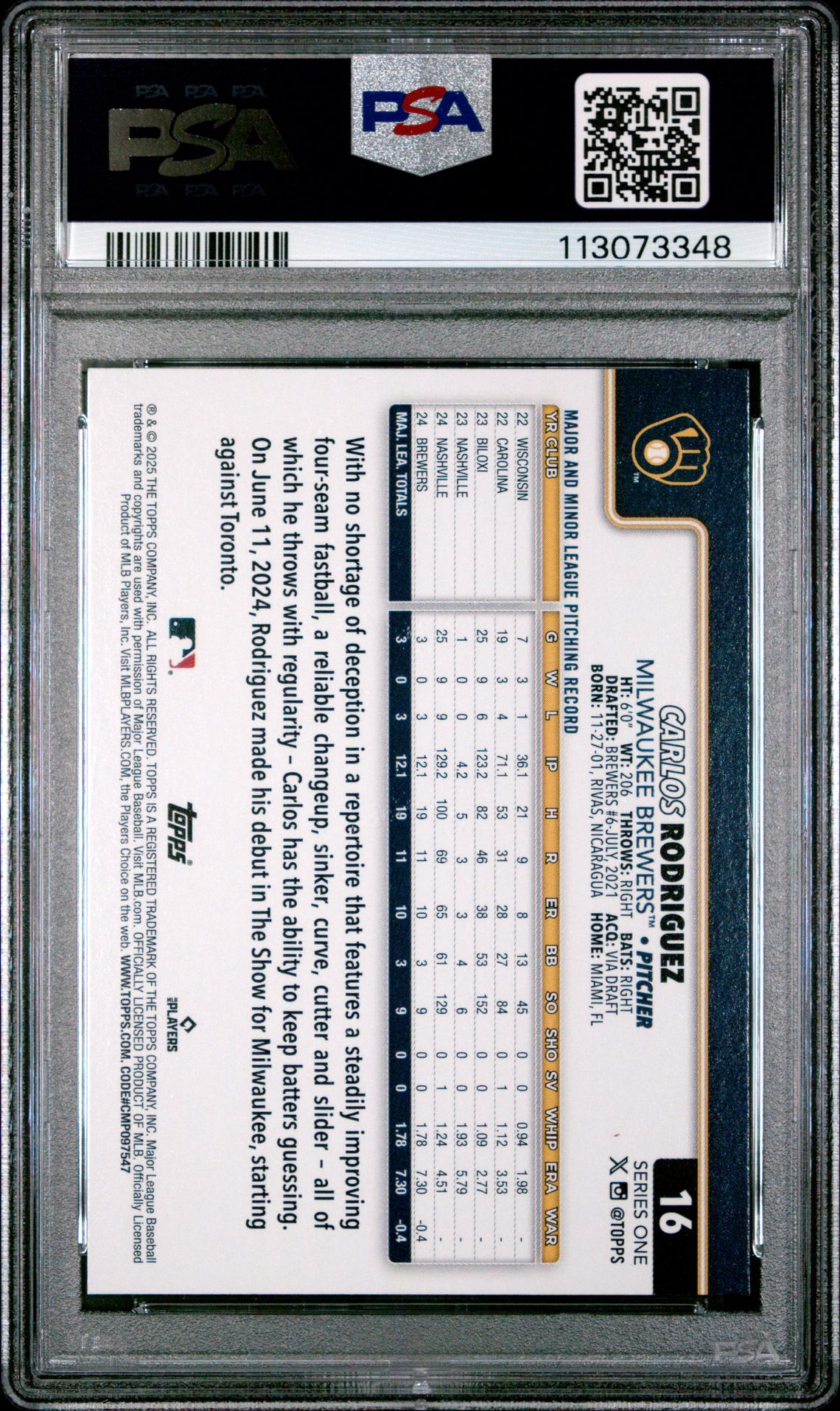 2025 Topps Carlos Rodriguez #16 Gem Mt 10 back