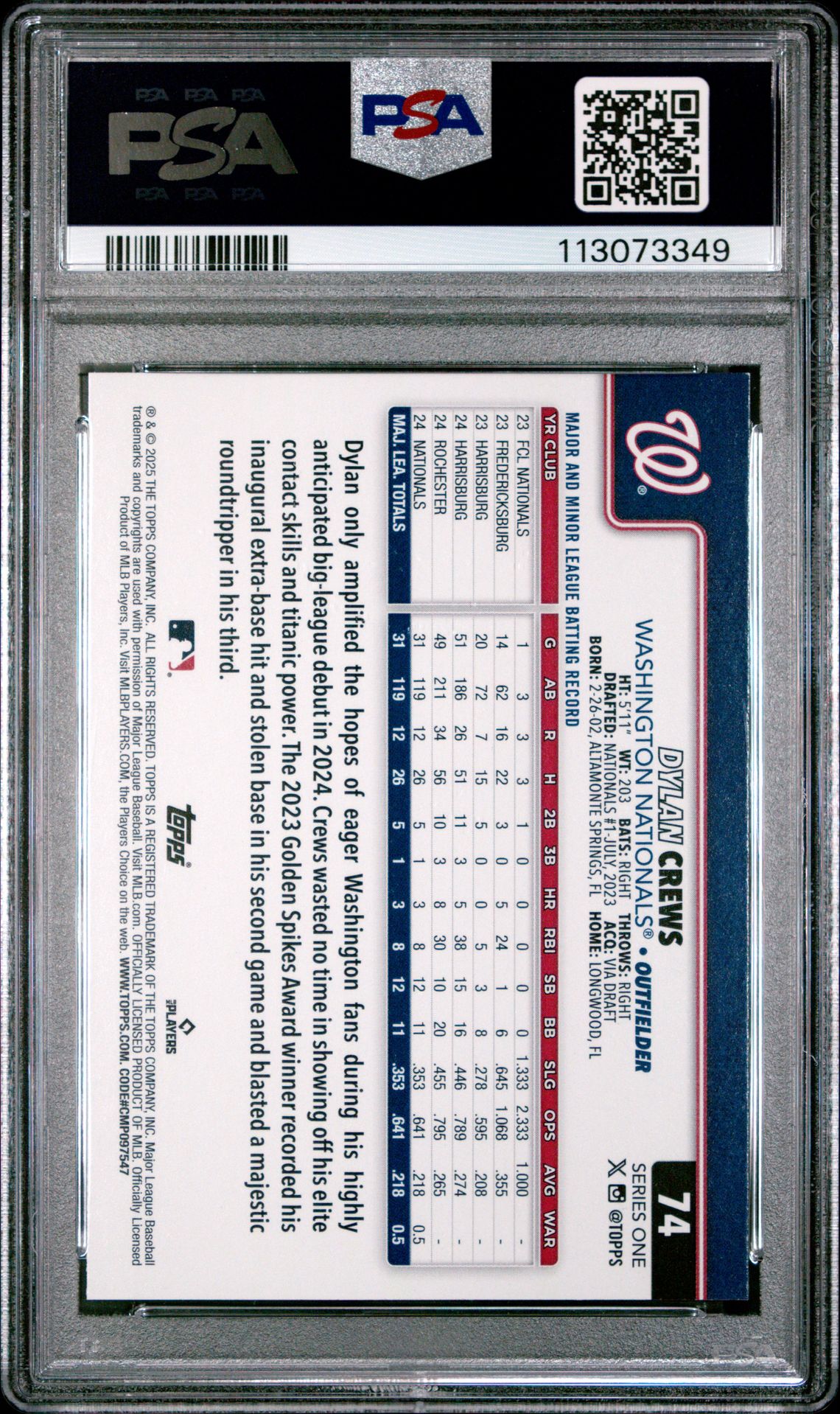 2025 Topps Dylan Crews #74 Mint 9 back