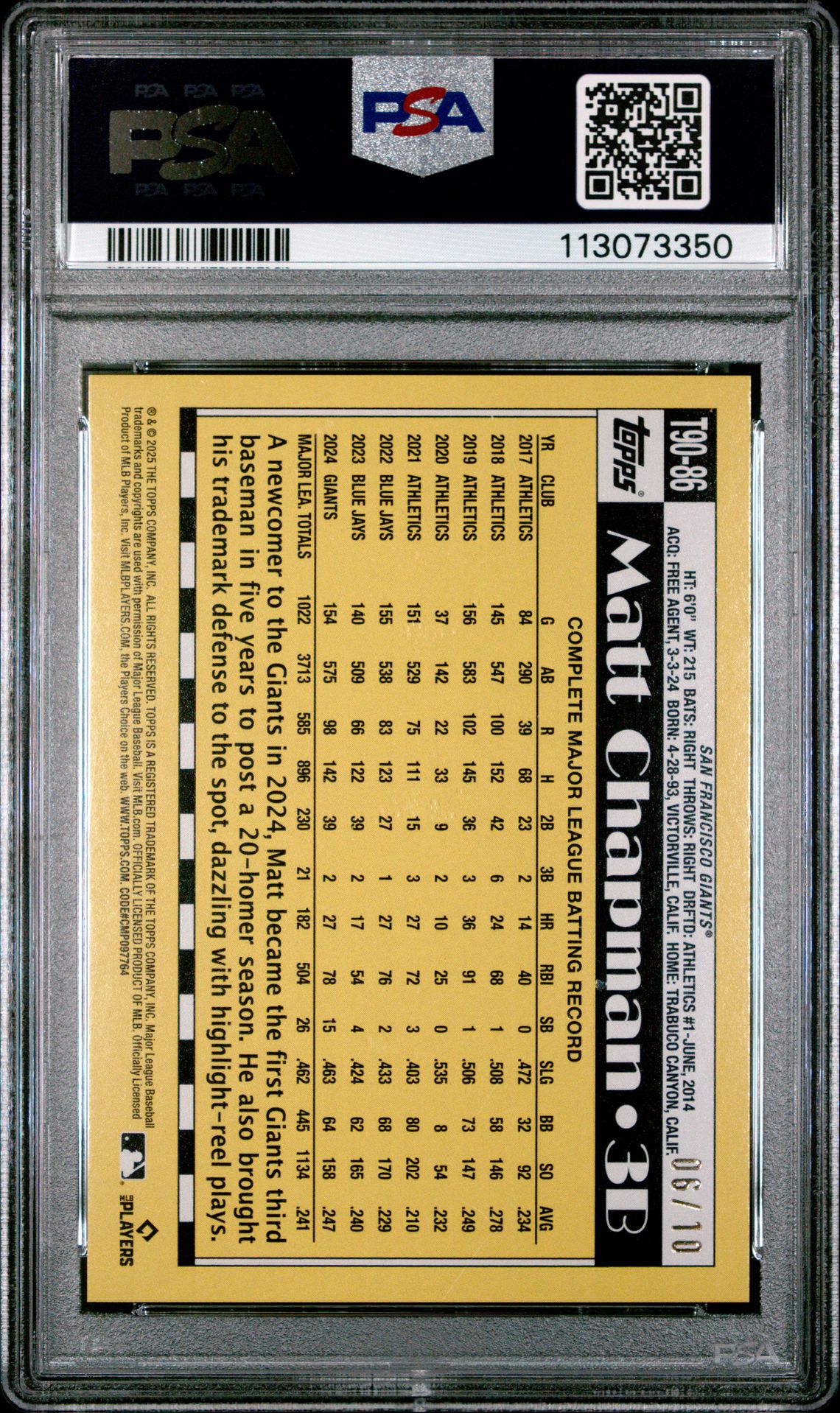 2025 Topps 1990 Topps Baseball Matt Chapman #T9086 (1990 Topps-Blk Crackle Foil) Gem Mt 10 back