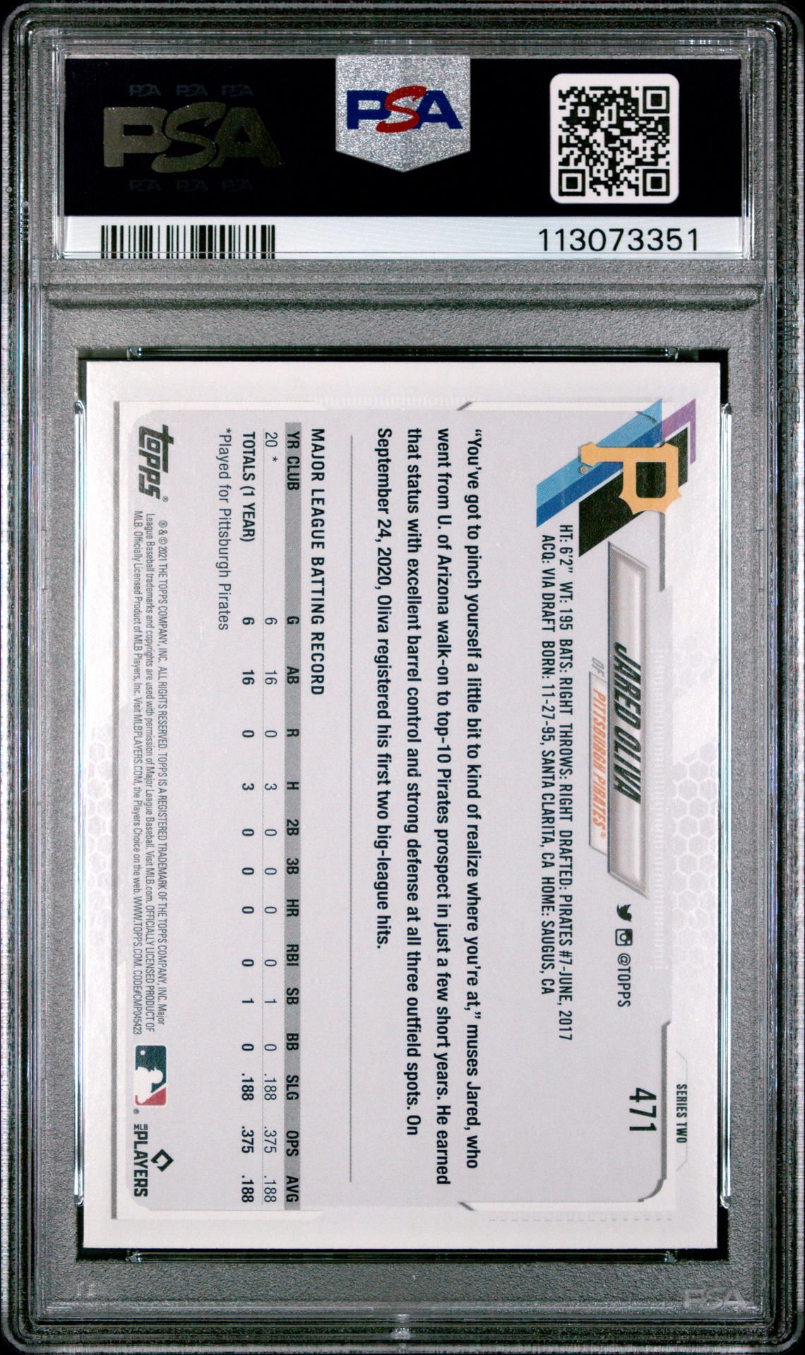 2021 Topps Jared Oliva #471 (Gold Foil) Gem Mt 10 back