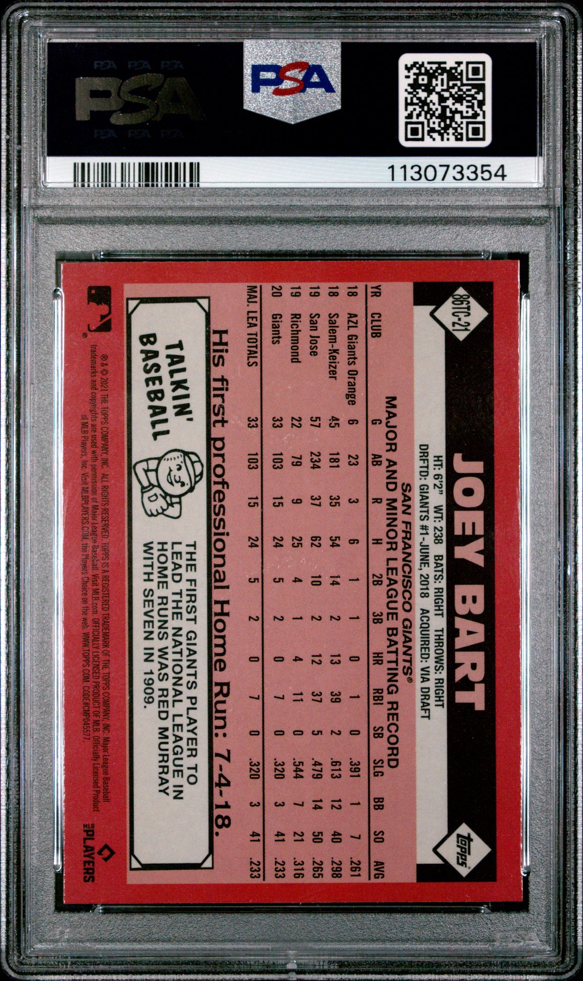 2021 Topps Silver Pack 1986 Chrome Promo Joey Bart #21 (Series 2) Gem Mt 10 back