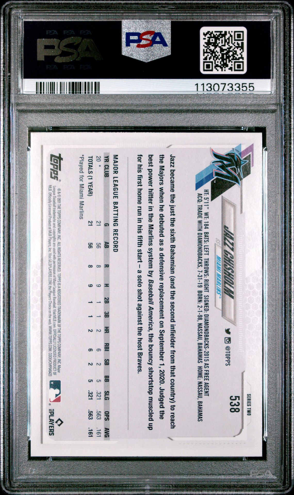 2021 Topps Jazz Chisholm #538 (Rainbow Foil) Mint 9 back