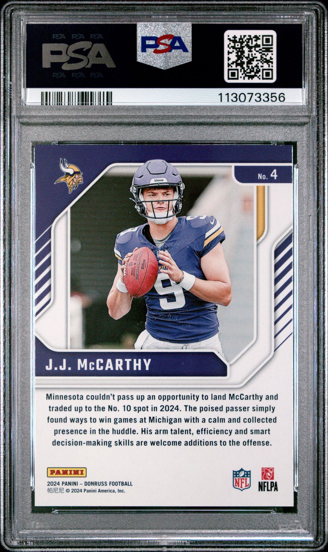 2024 Panini Donruss The Elite Series Rookies Jj Mccarthy #4 Gem Mt 10 back