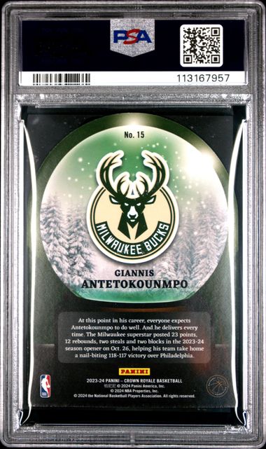 2023 Panini Crown Royale Sno Globe Giannis Antetokounmpo #15 (Sno Globe-Silver Intl) Mint 9 back