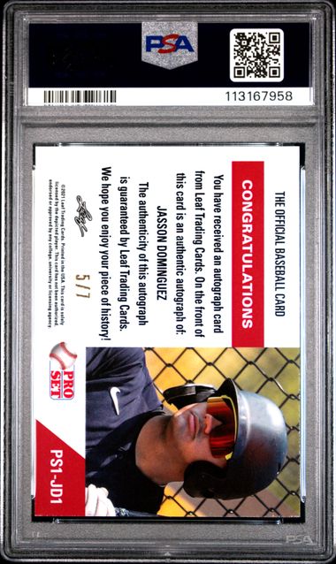 2021 Leaf Pro Set Metal 1991 Pro Set Autographs Jasson Dominguez #Ps1Jd1 (1991 Pro Set Auto-Orange) Mint 9 back