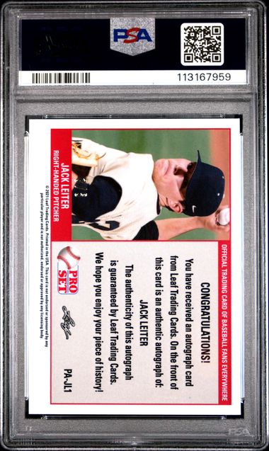 2021 Leaf Pro Set Metal 1989 Pro Set Autographs Jack Leiter #Pajl1 (1989 Pro Set Auto-Gold) Gem Mt 10 back