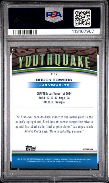 2024 Topps Chrome Youthquake Brock Bowers #Y17 (Youthquake-Refractor) Gem Mt 10 back