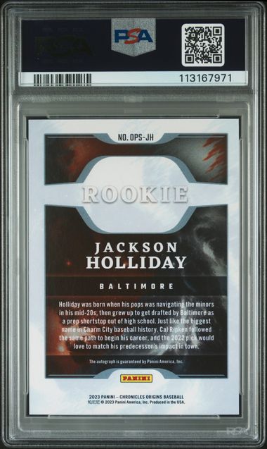 2023 Panini Chronicles Origins Rookie Signatures Jackson Holliday #Opsjh Mint 9 back