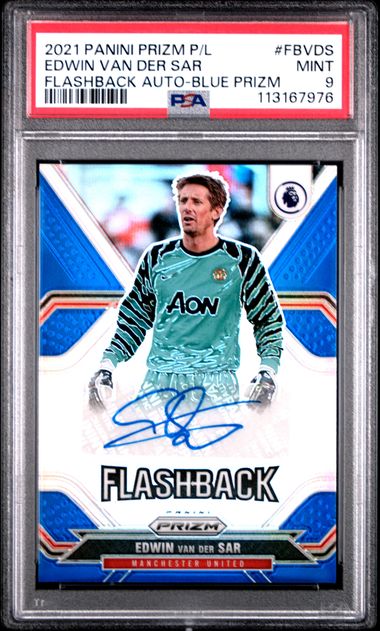 2021 Panini Prizm Premier League Flashback Autographs Edwin Van Der Sar #Fbvds (Flashback Auto-Blue Prizm) Mint 9 front
