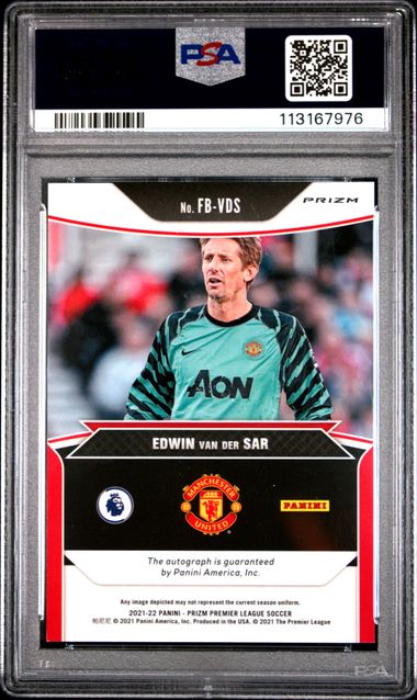 2021 Panini Prizm Premier League Flashback Autographs Edwin Van Der Sar #Fbvds (Flashback Auto-Blue Prizm) Mint 9 back
