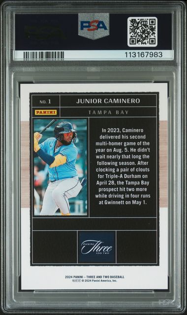 2024 Panini Three And Two Junior Caminero #1 (Orange) Gem Mt 10 back