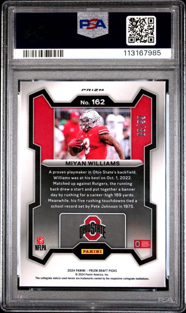 2024 Panini Prizm Draft Picks Miyan Williams #162 (Blue Ice) Gem Mt 10 back
